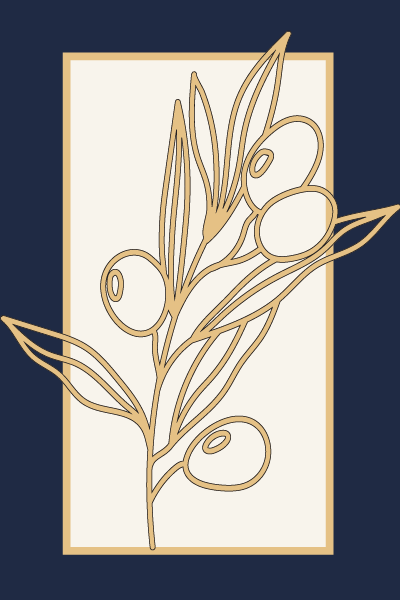 The field and feast logo, an olive branch againt an off-white background with gold stroke.